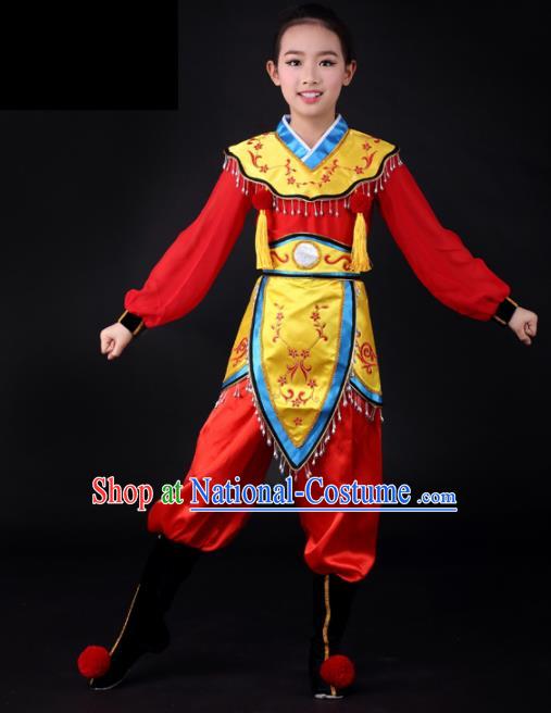 Traditional Chinese Children Classical Dance Hua Mulan Red Clothing Stage Show Costume for Kids