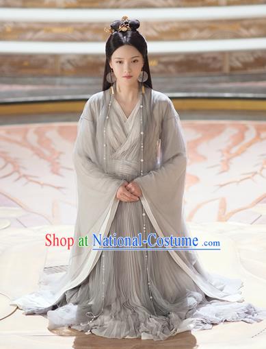 Chinese Ancient Swordswoman Grey Dress Drama Love and Destiny Princess Qing Yao Zhang Zhixi Costumes and Headpiece for Women