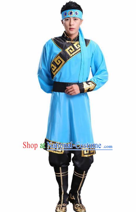 Traditional Chinese Mongol Nationality Blue Clothing Ethnic Minority Folk Dance Costume for Men