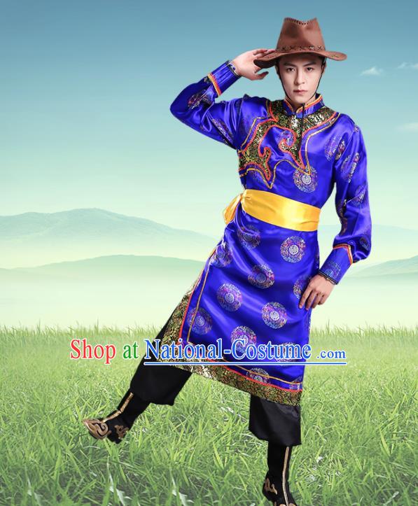 Traditional Chinese Mongol Nationality Royalblue Clothing Ethnic Minority Folk Dance Costume for Men