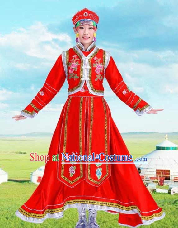 Traditional Chinese Mongol Nationality Red Dress Ethnic Minority Folk Dance Costume for Women