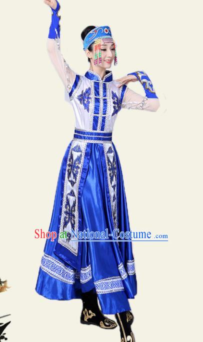 Traditional Chinese Mongol Nationality Deep Blue Dress Ethnic Minority Folk Dance Costume for Women