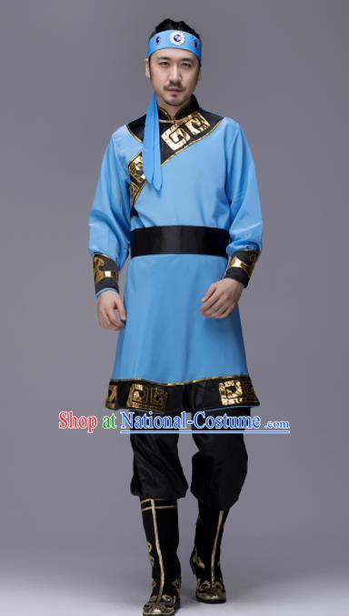 Traditional Chinese Mongol Nationality Blue Clothing Ethnic Minority Folk Dance Costume for Men