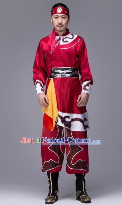 Traditional Chinese Mongol Nationality Red Clothing Ethnic Minority Folk Dance Costume for Men