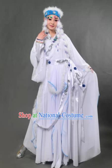 Traditional Chinese Hui Nationality Princess Han Xiang White Dress Ethnic Minority Folk Dance Costume for Women