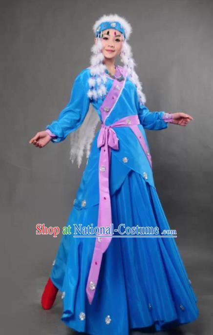 Traditional Chinese Mongol Nationality Princess Blue Dress Ethnic Minority Folk Dance Costume for Women