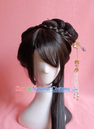 Traditional Chinese Ming Dynasty Nobility Lady Wigs Sheath Cosplay Ancient Goddess Female Swordsman Chignon for Women