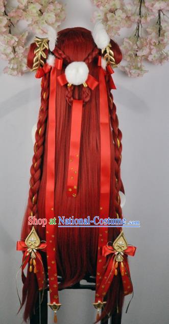 Traditional Chinese Cosplay Fairy Red Wigs Sheath Ancient Female Swordsman Chignon and Hair Accessories for Women