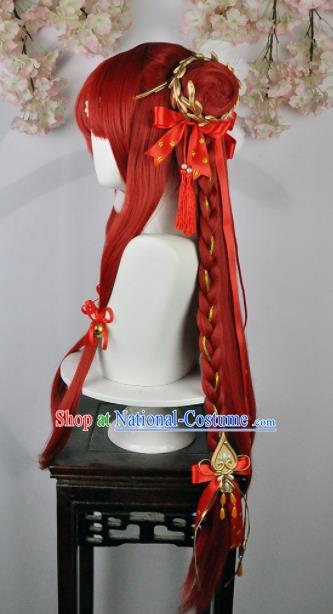 Traditional Chinese Cosplay Fairy Red Wigs Sheath Ancient Female Swordsman Chignon and Hair Accessories for Women