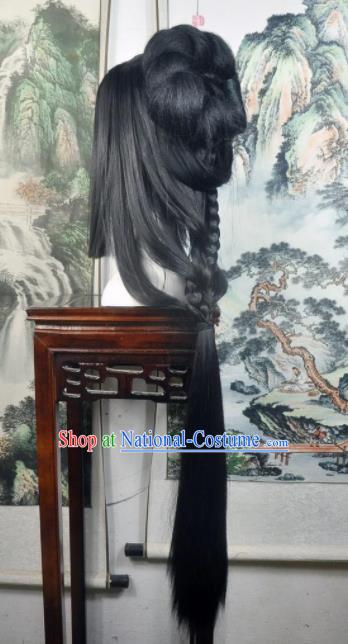 Traditional Chinese Cosplay Goddess Female Swordsman Black Wigs Sheath Ancient Princess Chignon for Women