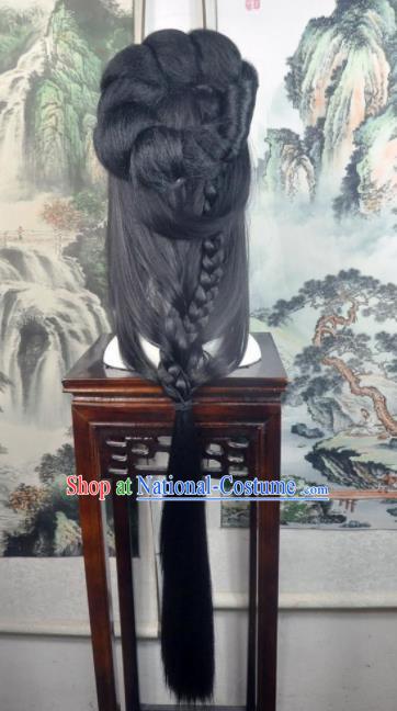 Traditional Chinese Cosplay Goddess Female Swordsman Black Wigs Sheath Ancient Princess Chignon for Women