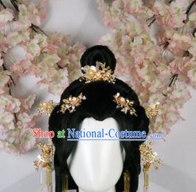 Traditional Chinese Cosplay Imperial Consort Wigs Sheath and Hairpins Ancient Goddess Princess Chignon for Women