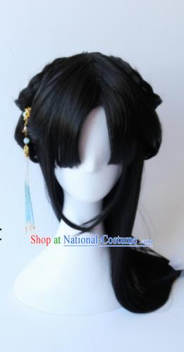 Traditional Chinese Cosplay Ming Dynasty Princess Black Long Wigs Sheath Ancient Female Swordsman Chignon for Women