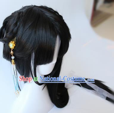 Traditional Chinese Cosplay Ming Dynasty Princess Black Long Wigs Sheath Ancient Female Swordsman Chignon for Women