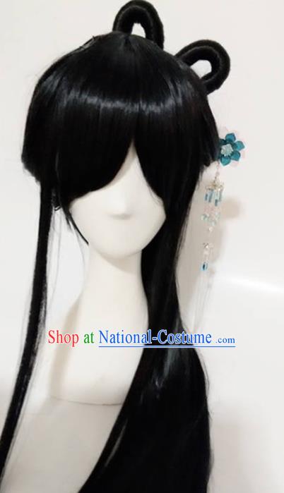 Traditional Chinese Cosplay Queen Bai Qian Black Long Wigs Sheath Ancient Female Swordsman Chignon for Women