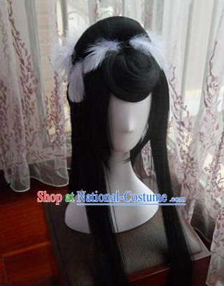 Traditional Chinese Cosplay Empress Bai Qian Black Long Wigs Sheath Ancient Female Swordsman Chignon for Women