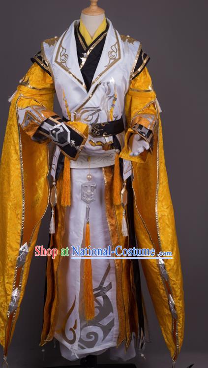 Traditional Chinese Cosplay Crown Prince Golden Costumes Ancient Swordsman Hanfu Clothing for Men