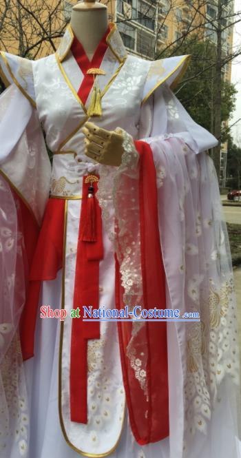 Traditional Chinese Cosplay Crown Prince White Costumes Ancient Swordsman Hanfu Clothing for Men