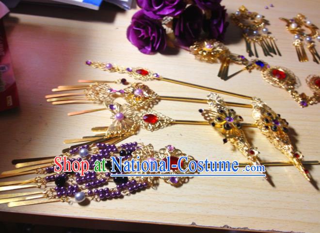 Traditional Chinese Ancient Princess Tassel Hairpins Cosplay Court Hair Accessories Complete Set for Women