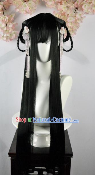 Traditional Chinese Cosplay Swordsman Black Long Wigs Sheath Ancient Goddess Chignon for Women