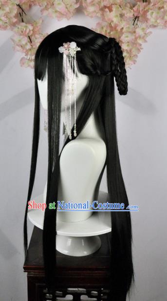 Traditional Chinese Cosplay Swordsman Black Long Wigs Sheath Ancient Goddess Chignon for Women