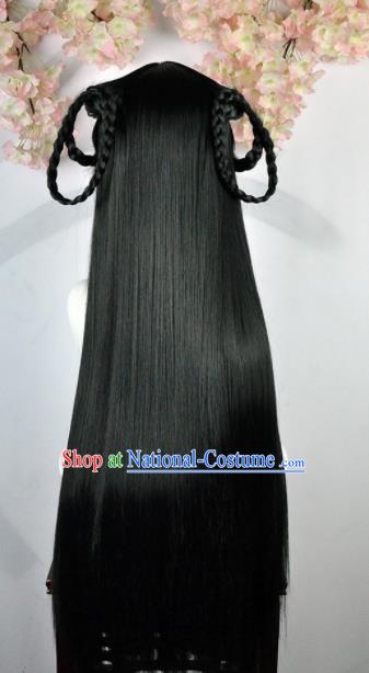 Traditional Chinese Cosplay Swordsman Black Long Wigs Sheath Ancient Goddess Chignon for Women