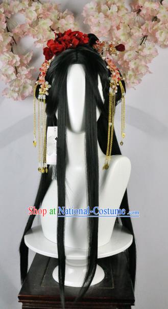 Traditional Chinese Cosplay Imperial Consort Wigs Sheath and Hairpins Ancient Goddess Princess Chignon for Women