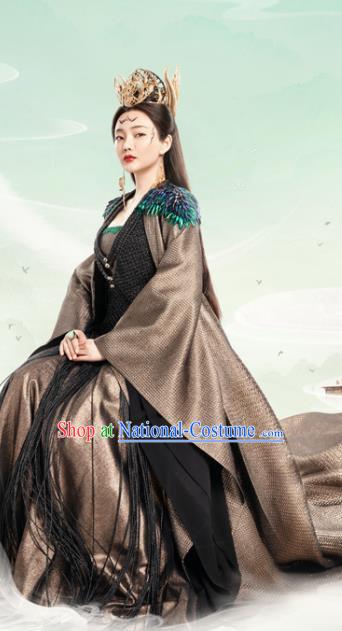 Chinese Ancient Queen Ling Yue Dress Drama Love and Destiny Goddess Liu Qianhan Costumes and Headpiece for Women