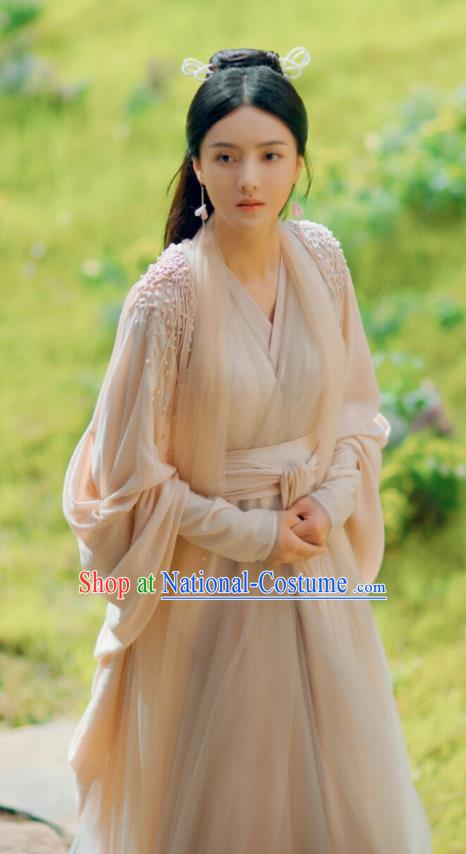 Chinese Ancient Goddess Pink Dress Drama Love and Destiny Princess Qing Yao Zhang Zhixi Costumes and Headpiece for Women