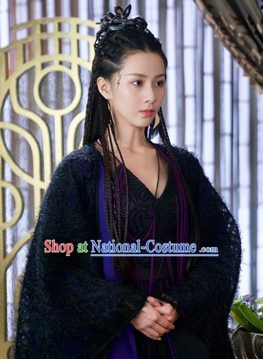 Chinese Ancient Princess Bao Qing Black Dress Drama Love and Destiny Swordsman Liu Yinglun Costumes and Headpiece for Women