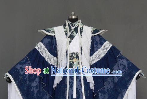 Chinese Cosplay Royal Highness Deep Blue Embroidered Costumes Ancient Swordsman Clothing for Men