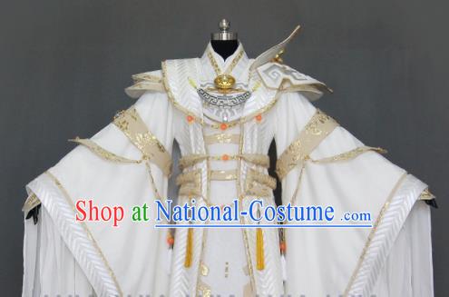 Customize Chinese Traditional Cosplay Taoist King White Costumes Ancient Swordsman Clothing for Men