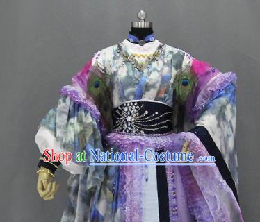 Traditional Chinese Cosplay Goddess Princess Printing Purple Dress Ancient Drama Female Swordsman Costumes for Women