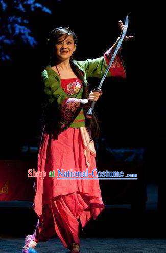 Chinese I Love Taohua Classical Dance Dress Stage Performance Costume and Headpiece for Women