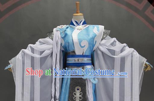 Customize Chinese Traditional Cosplay Taoist Priest Blue Costumes Ancient Swordsman Clothing for Men