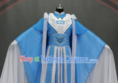 Traditional Chinese Cosplay Goddess Empress Blue Dress Ancient Drama Female Swordsman Costumes for Women