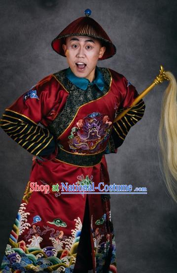 Chinese The Burning Of The Imperial Palace Ancient Qing Dynasty Eunuch Red Clothing Stage Performance Dance Costume for Men