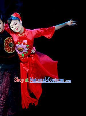 Chinese Female Embroider Classical Dance Red Dress Stage Performance Costume and Headpiece for Women