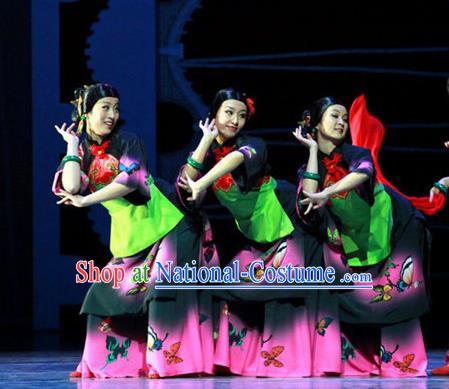 Chinese Female Embroider Folk Dance Fan Dance Dress Stage Performance Costume and Headpiece for Women