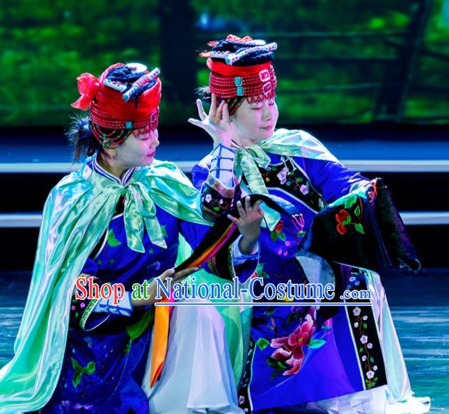 Chinese Prairie Female Embroider Mongol Nationality Dance Blue Dress Stage Performance Costume and Headpiece for Women