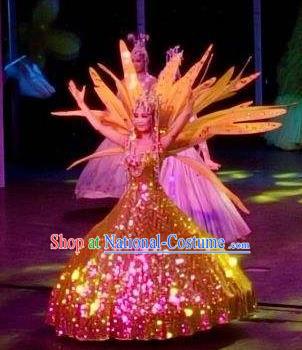 Chinese Night Of West Lake Classical Dance Golden Dress Stage Performance Costume and Headpiece for Women