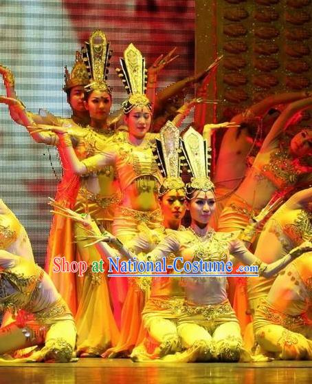 Chinese Night Of West Lake Classical Dance Thousand Hand Kwan Yin Dress Stage Performance Costume and Headpiece for Women