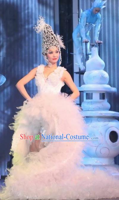 Chinese Night Of West Lake Modern Dance White Dress Stage Performance Costume and Headpiece for Women