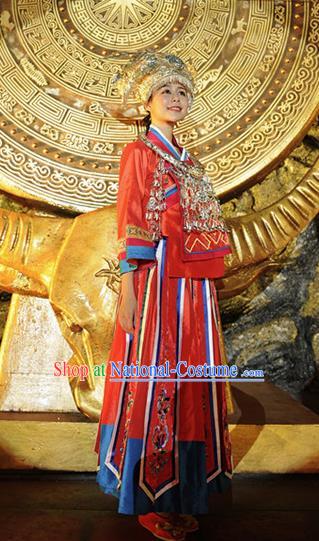 Chinese Ayiduo Miao Nationality Dance Red Dress Stage Performance Costume and Headpiece for Women