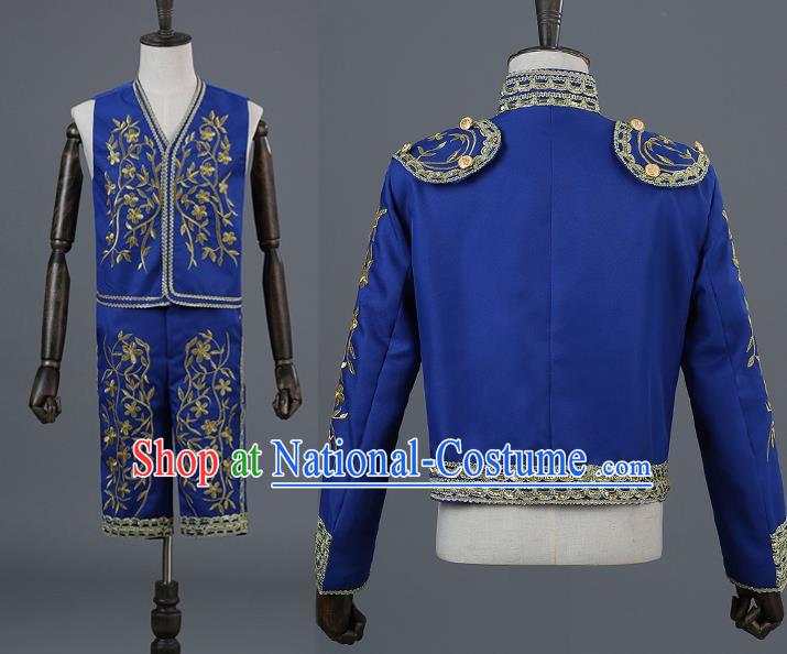 Traditional European Prince Costumes Spanish Court Royalblue Clothing for Men