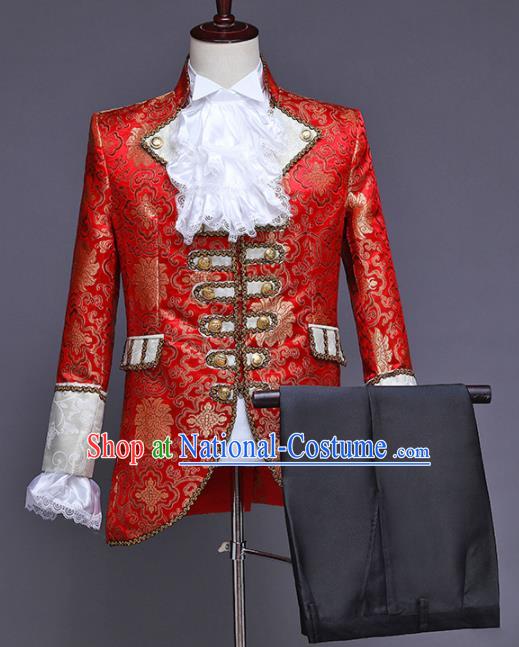 Traditional European Prince Red Costumes Spanish Court Stage Show Clothing for Men