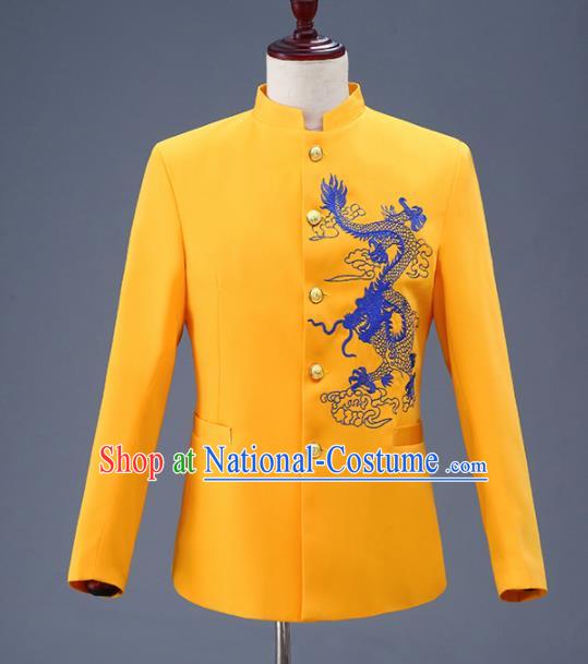 Traditional Chinese Tang Suit Costumes Embroidered Dragon Yellow Overcoat for Men