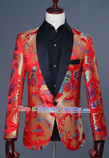 Traditional Chinese Tang Suit Costumes Embroidered Dragon Red Overcoat for Men