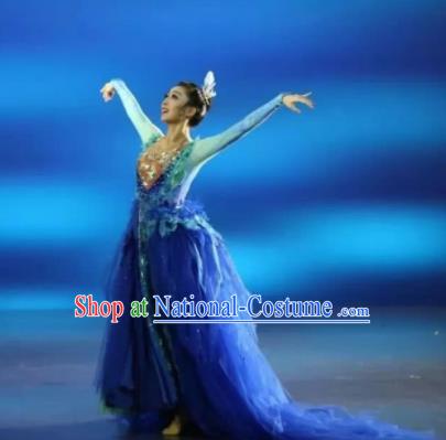 Chinese Zhaojun Chu Sai Mongol Nationality Blue Dress Stage Performance Dance Costume and Headpiece for Women