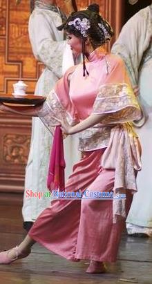 Chinese Impression of Suzhou Classical Dance Pink Dress Stage Performance Costume and Headpiece for Women